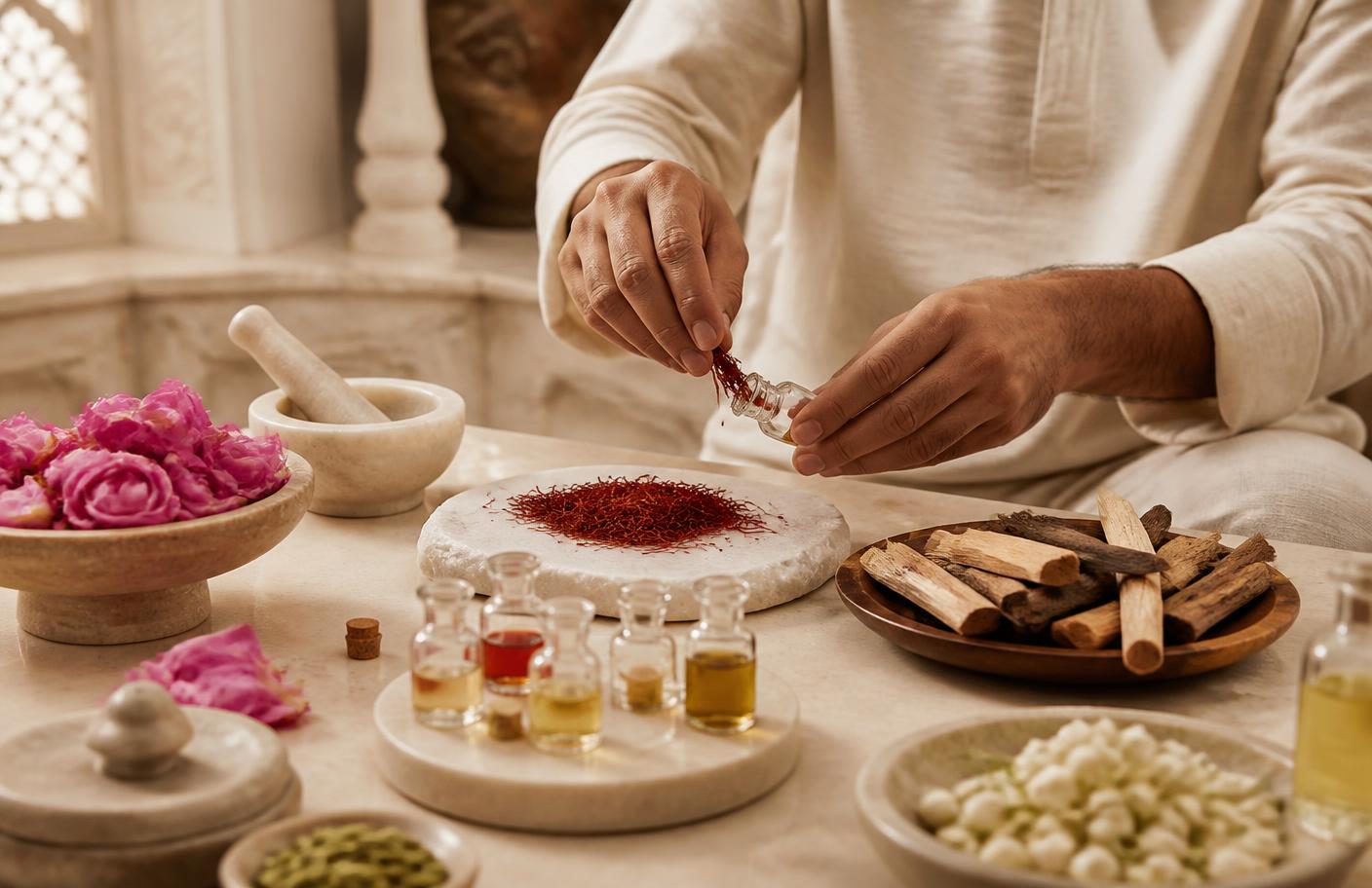 Daniyal perfume ingredients being composed by hand